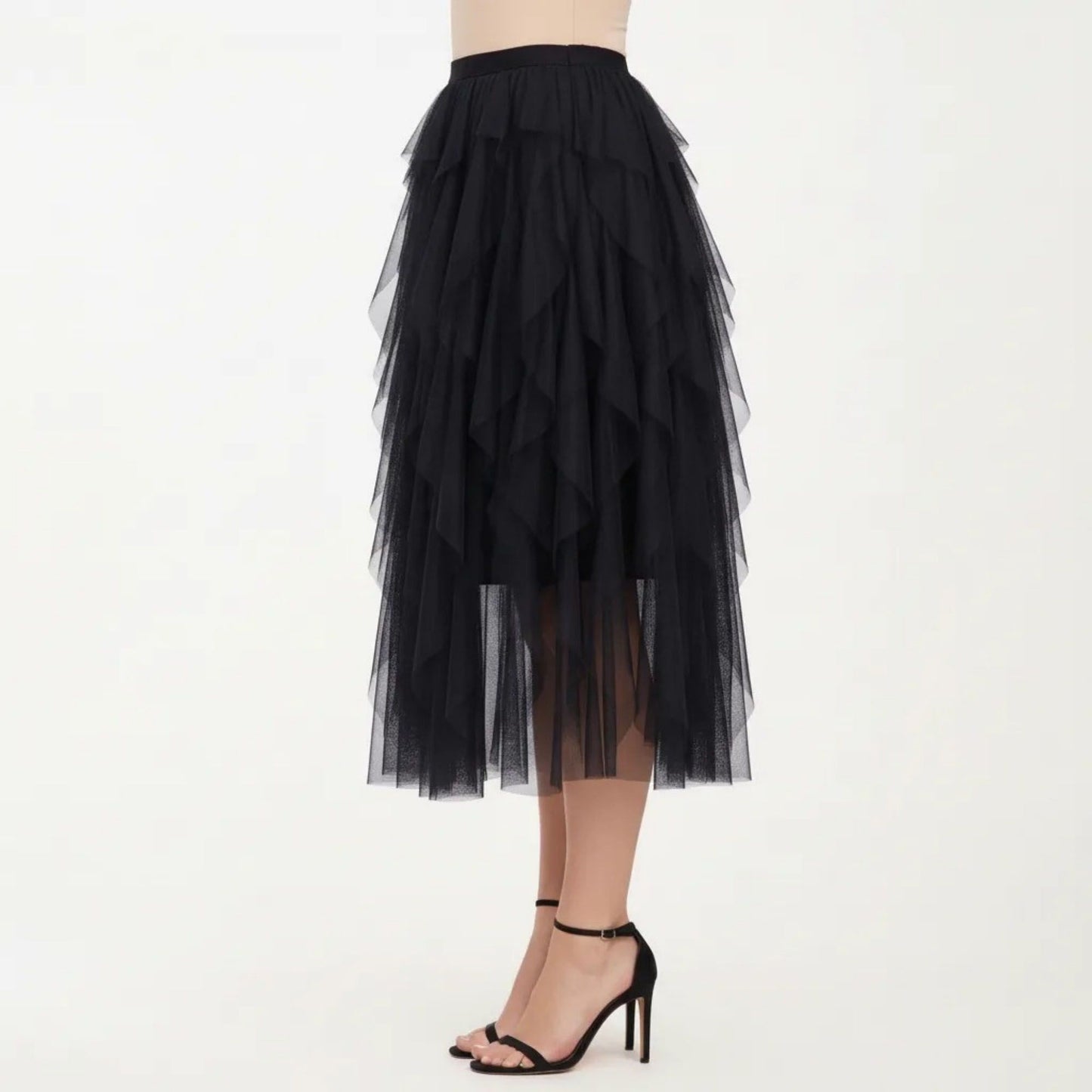 Layered Tulle Midi Skirt with Cascading Ruffle Panels and Flowing Sheer Texture Creating a Voluminous Silhouette