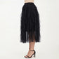 Layered Tulle Midi Skirt with Cascading Ruffle Panels and Flowing Sheer Texture Creating a Voluminous Silhouette