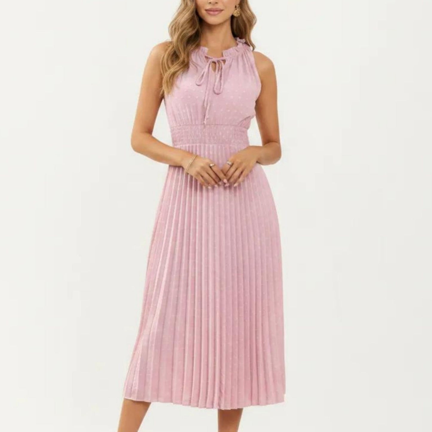 Sleeveless Midi Dress with Pleated Skirt and Tie Neck Detail