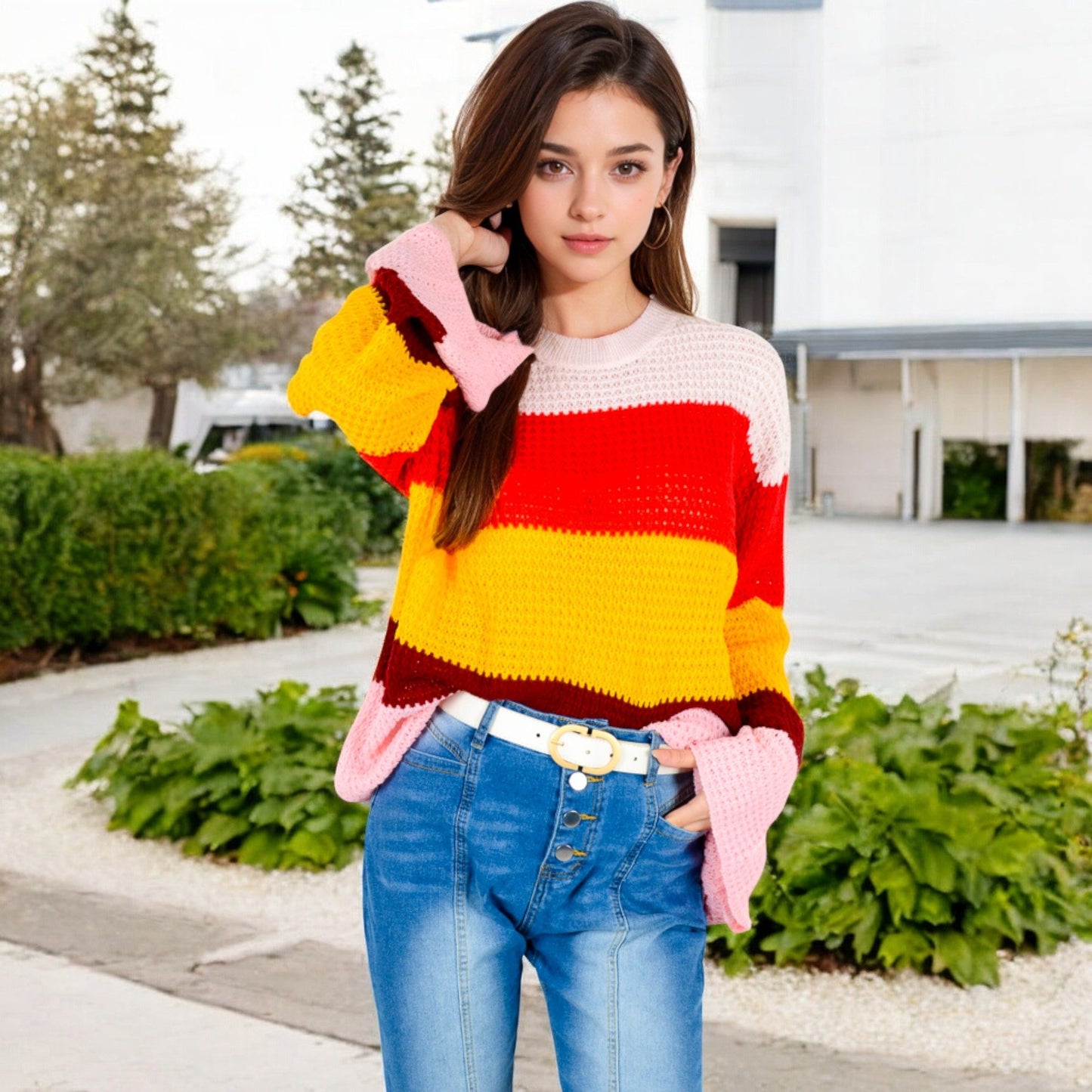 Striped Knit Sweater with Bell Sleeves and Colorful Details