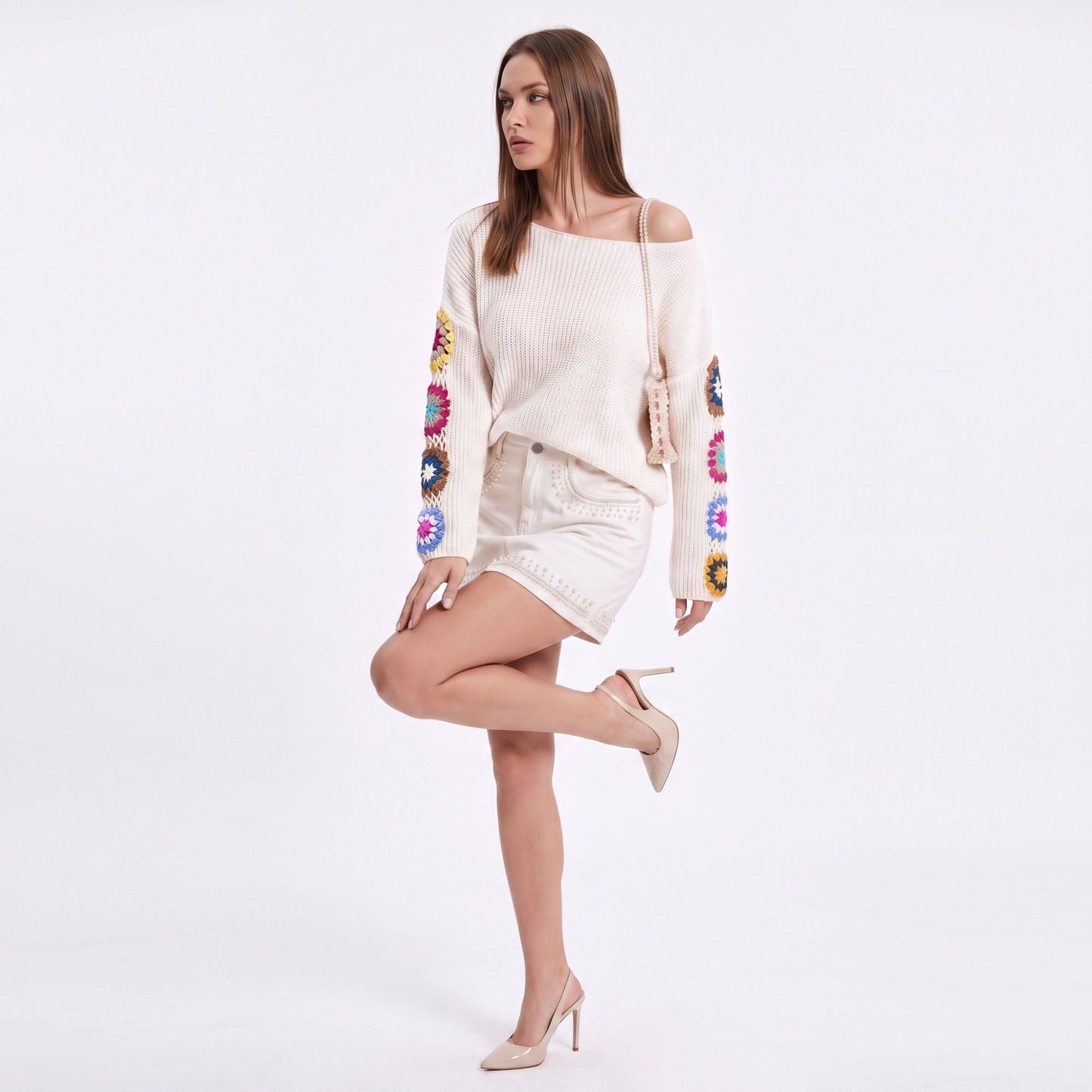 Crochet Floral Sleeve Knit Pullover Sweater with Long Sleeves