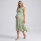 Maternity Smocked Tiered Midi Dress with Cap Sleeves and Round Neck