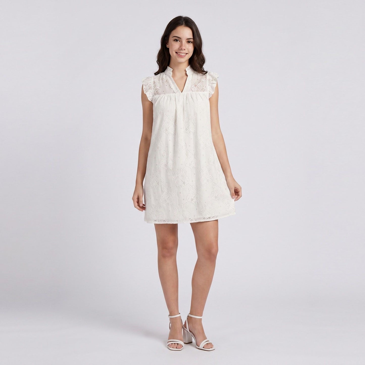 Floral Lace Texture Ruffle Sleeve Mini Dress with Split Neckline Gathered Yoke and Relaxed Shift Silhouette