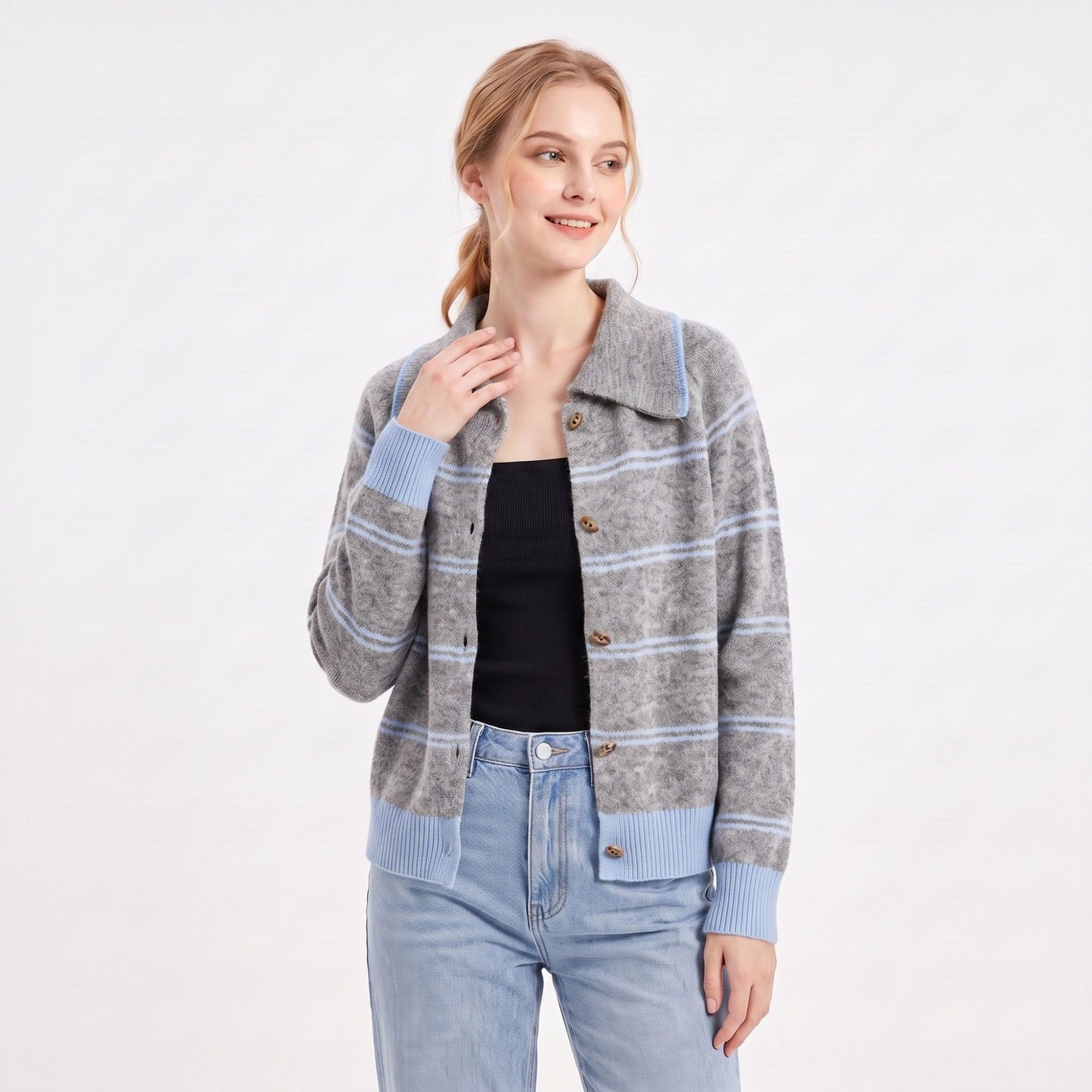 Striped Collared Button-Front Cardigan Sweater