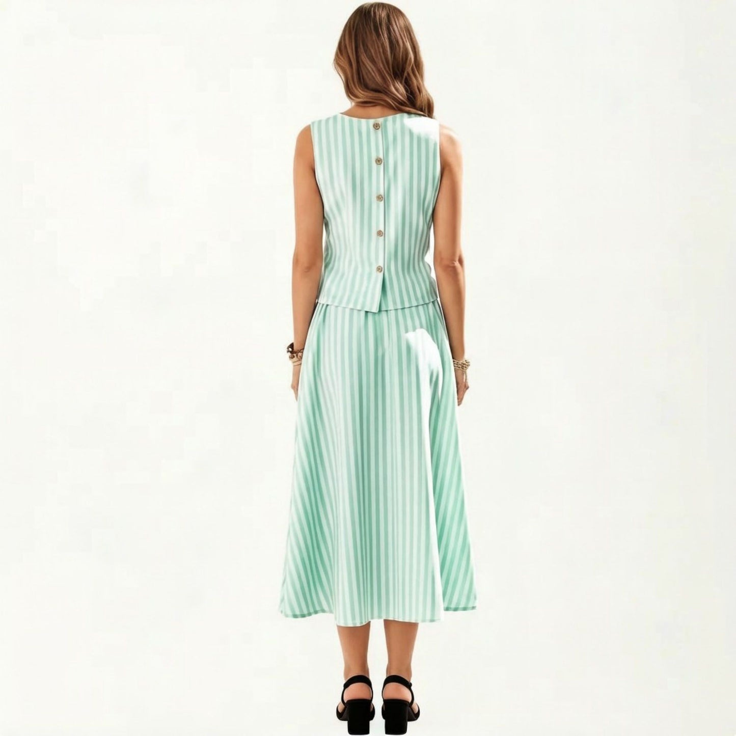 Sleeveless Striped Two Piece Set Crop Top and Midi Skirt with Back Button Detail Flowy High Waist Set