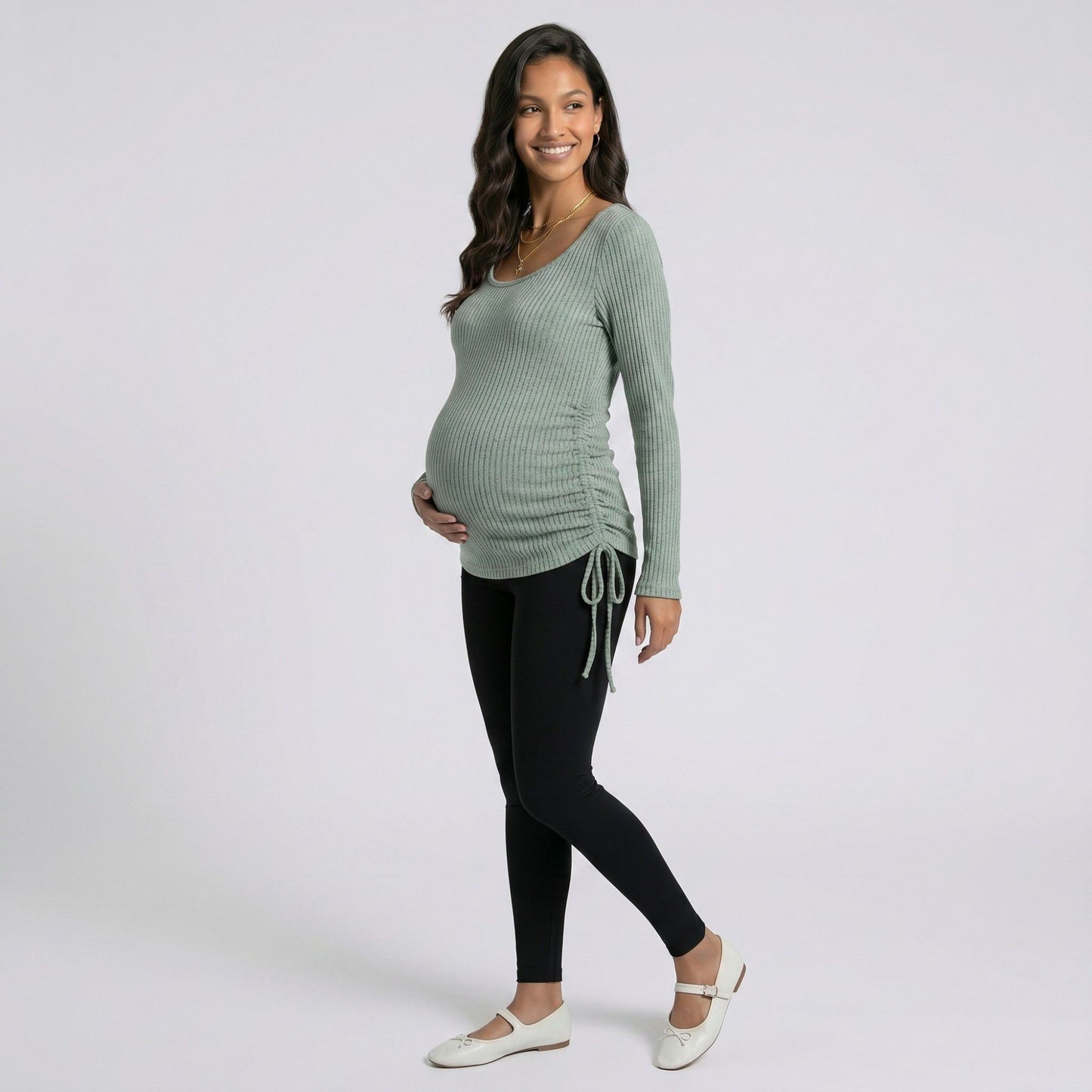 Maternity Ribbed Long Sleeve Top with Scoop Neck and Side Ruched Tie Detail