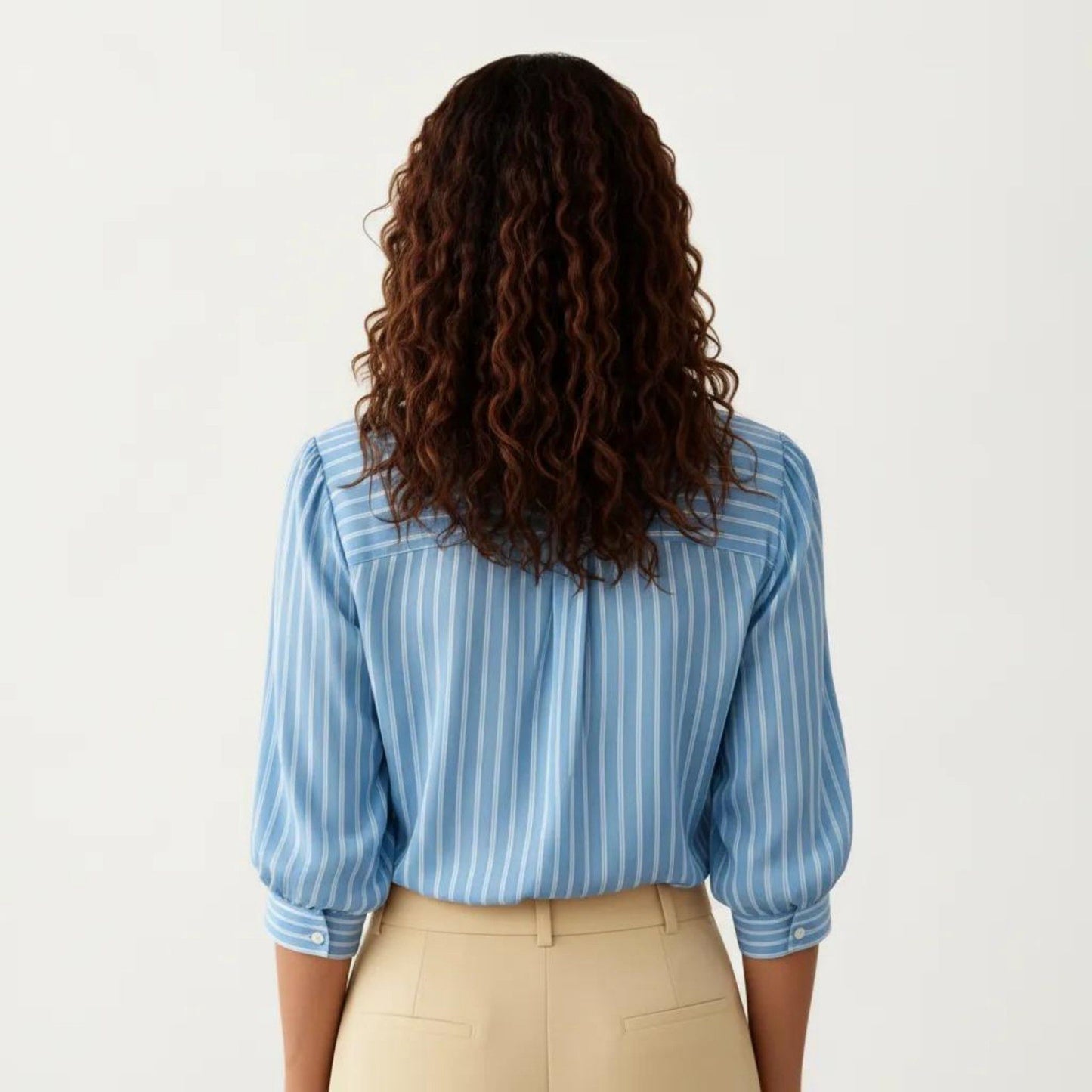 Striped Button Down Blouse with Collared Neckline and Puff Sleeves