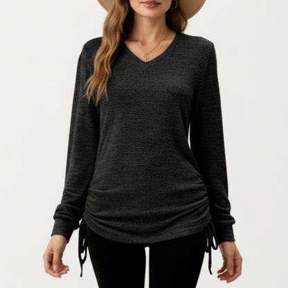 Long Sleeve V-Neck Top with Side Drawstring Ruched Hem