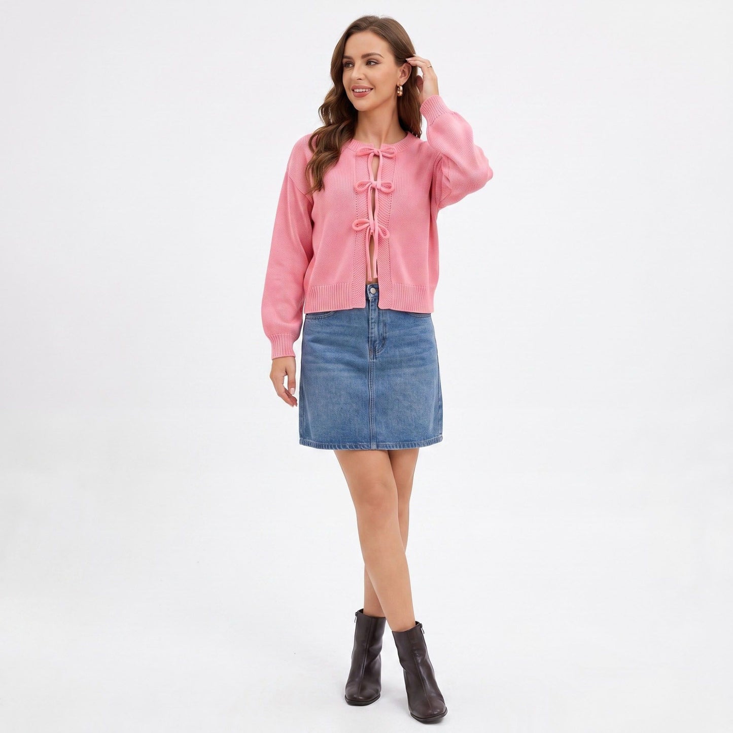 Tie Front Knit Cardigan Sweater with Long Sleeves