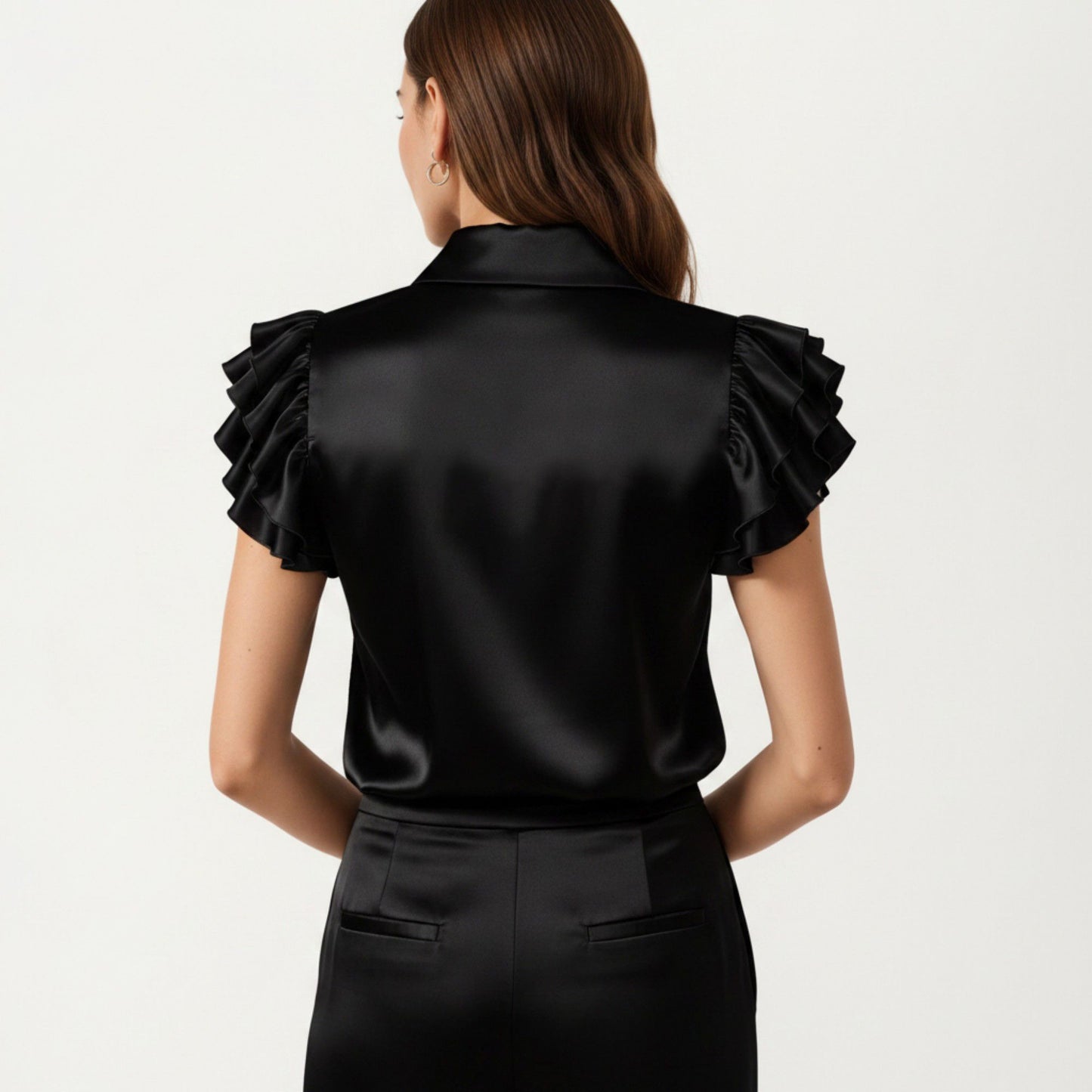 Satin Button Down Blouse with Ruffle Sleeves and Collared Neckline