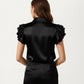 Satin Button Down Blouse with Ruffle Sleeves and Collared Neckline