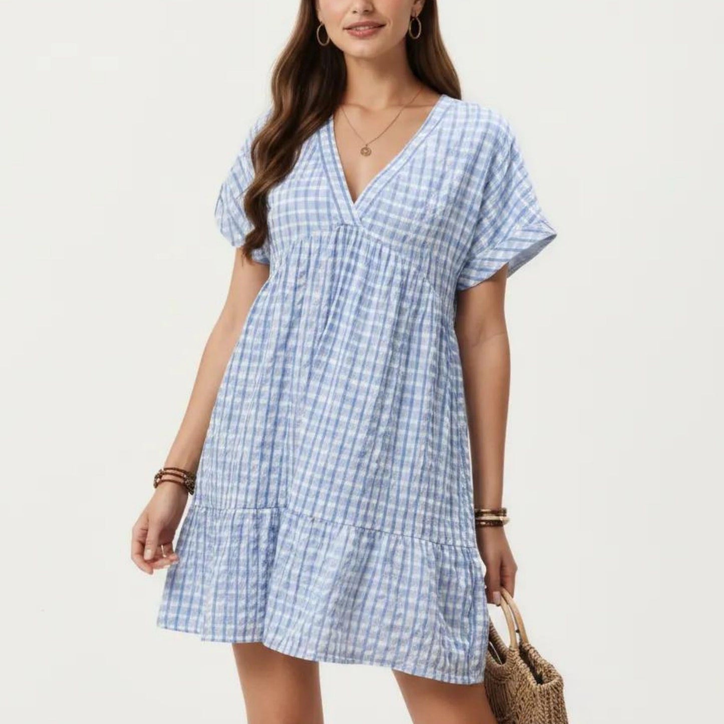 Short Sleeve V Neck Plaid Mini Dress with Tiered Hem Loose Fit Casual Lightweight Summer Dress