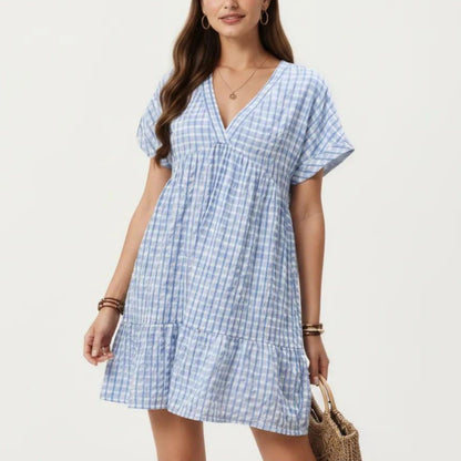 Short Sleeve V Neck Plaid Mini Dress with Tiered Hem Loose Fit Casual Lightweight Summer Dress
