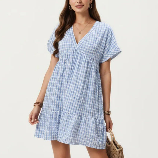 Short Sleeve V Neck Plaid Mini Dress with Tiered Hem Loose Fit Casual Lightweight Summer Dress
