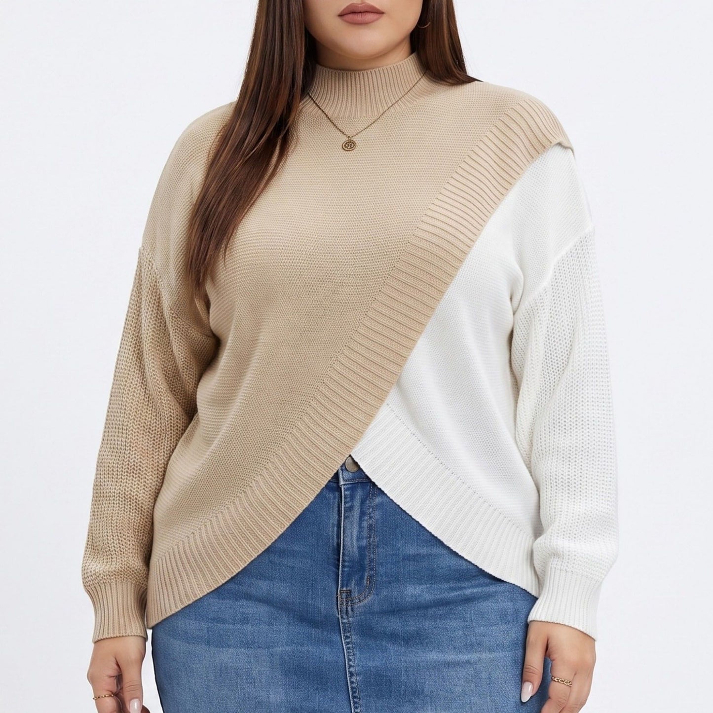 Plus Size Colorblock Mock Neck Asymmetrical Hem Sweater