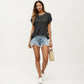 Short Sleeve Knit Top with Floral Eyelet Pattern and Ribbed Crew Neck