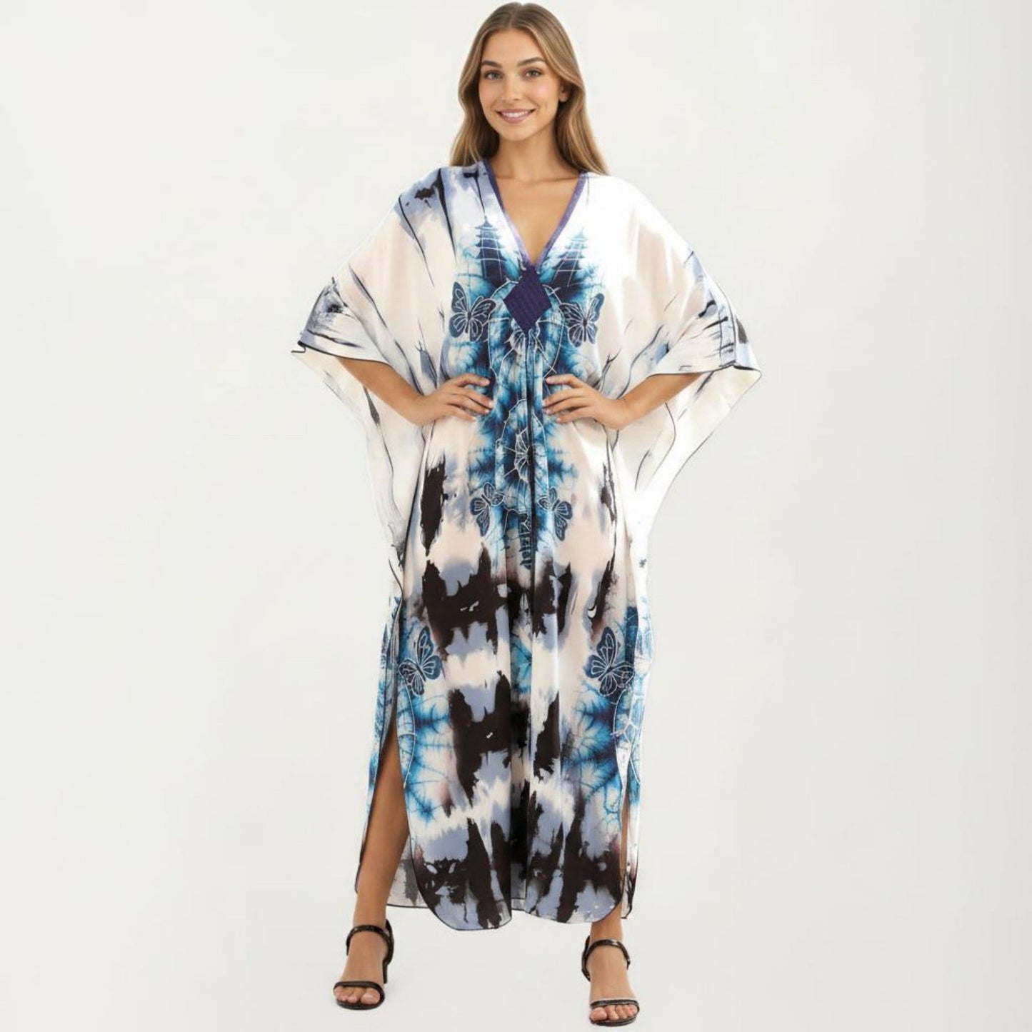 Tie Dye Medallion Kaftan Maxi Dress with V-Neckline and Relaxed Flowy Silhouette