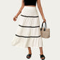 High Waist Tiered Midi Skirt with Wavy Trim Detail Flowy A-Line Silhouette Lightweight Fabric