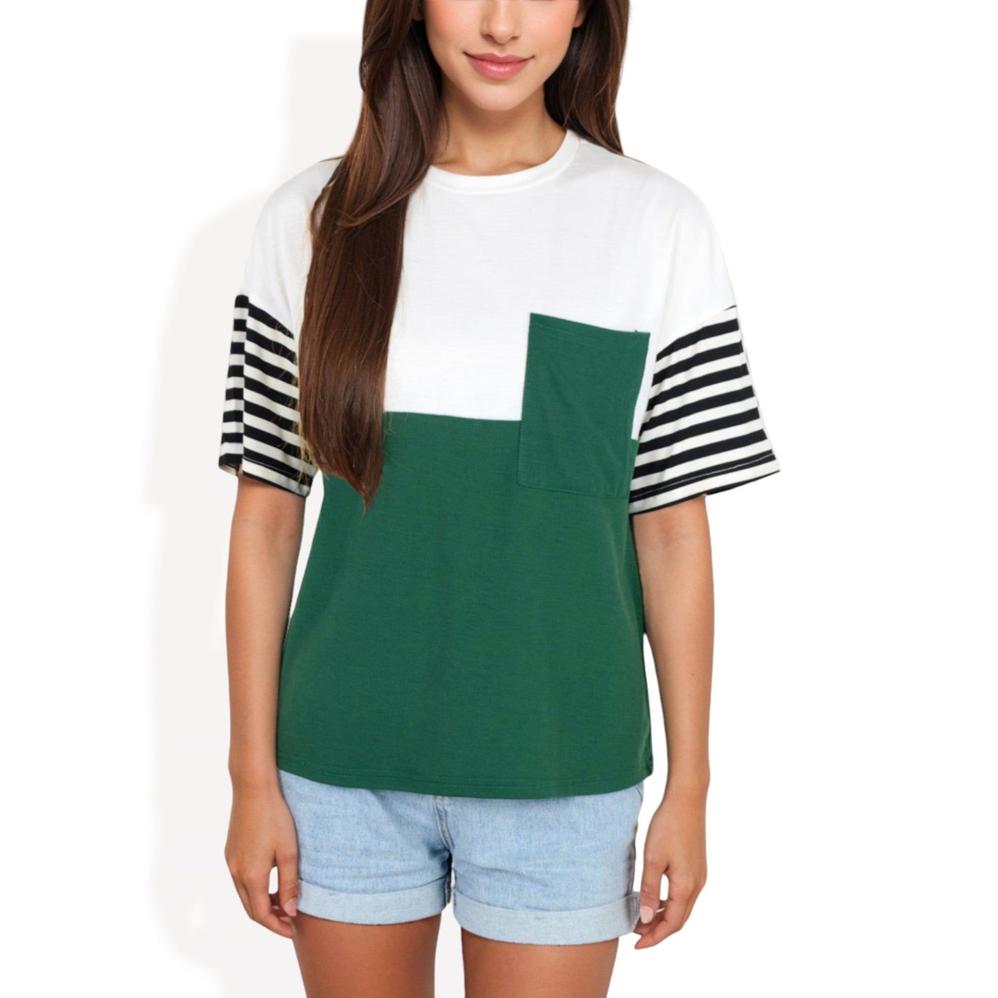 Color Block T-Shirt with Striped Sleeves Front Pocket Detail