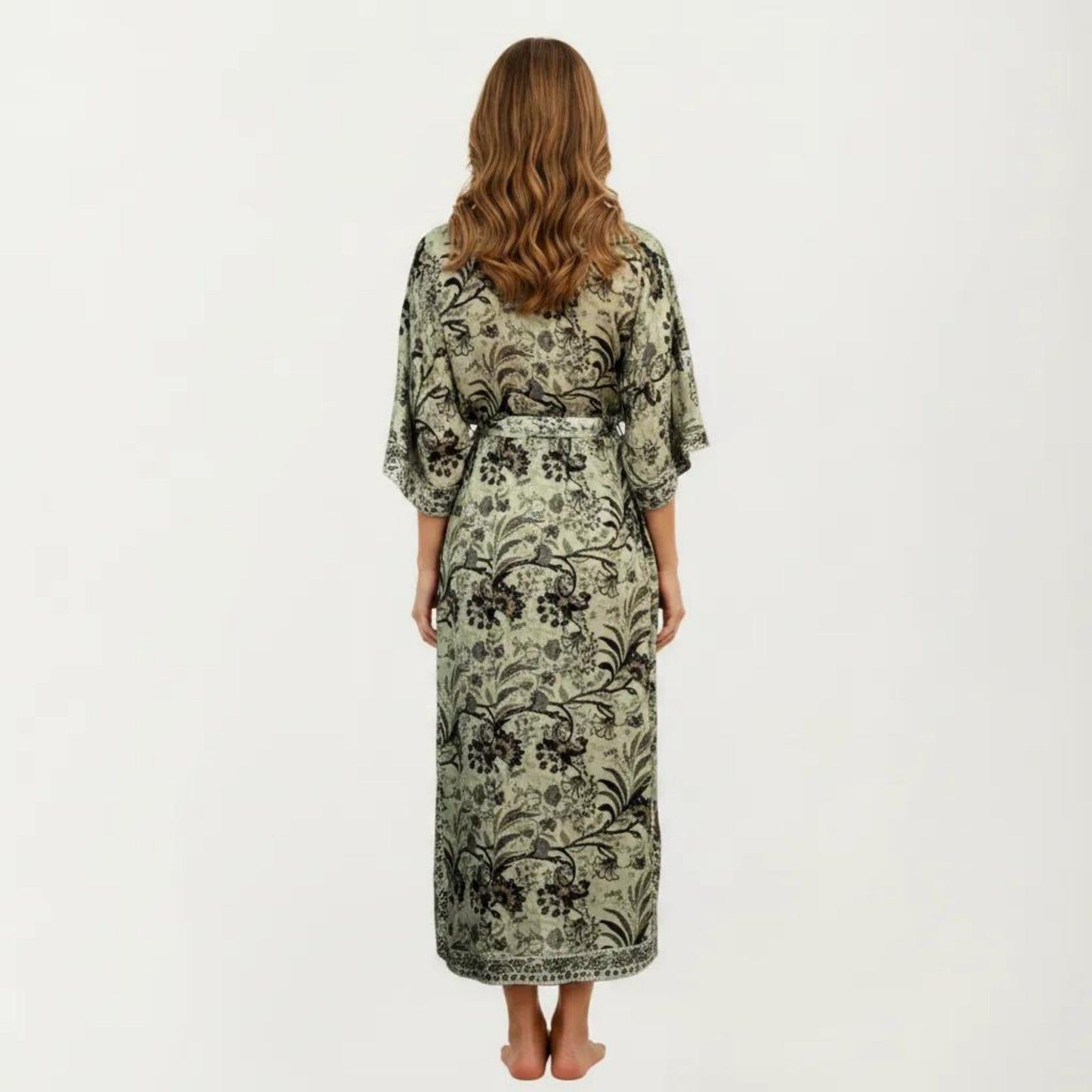 Floral Paisley Maxi Dress with Long Sleeves Adjustable Waist Tie and Flowing Relaxed Fit