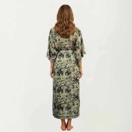 Floral Paisley Maxi Dress with Long Sleeves Adjustable Waist Tie and Flowing Relaxed Fit