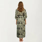 Floral Paisley Maxi Dress with Long Sleeves Adjustable Waist Tie and Flowing Relaxed Fit