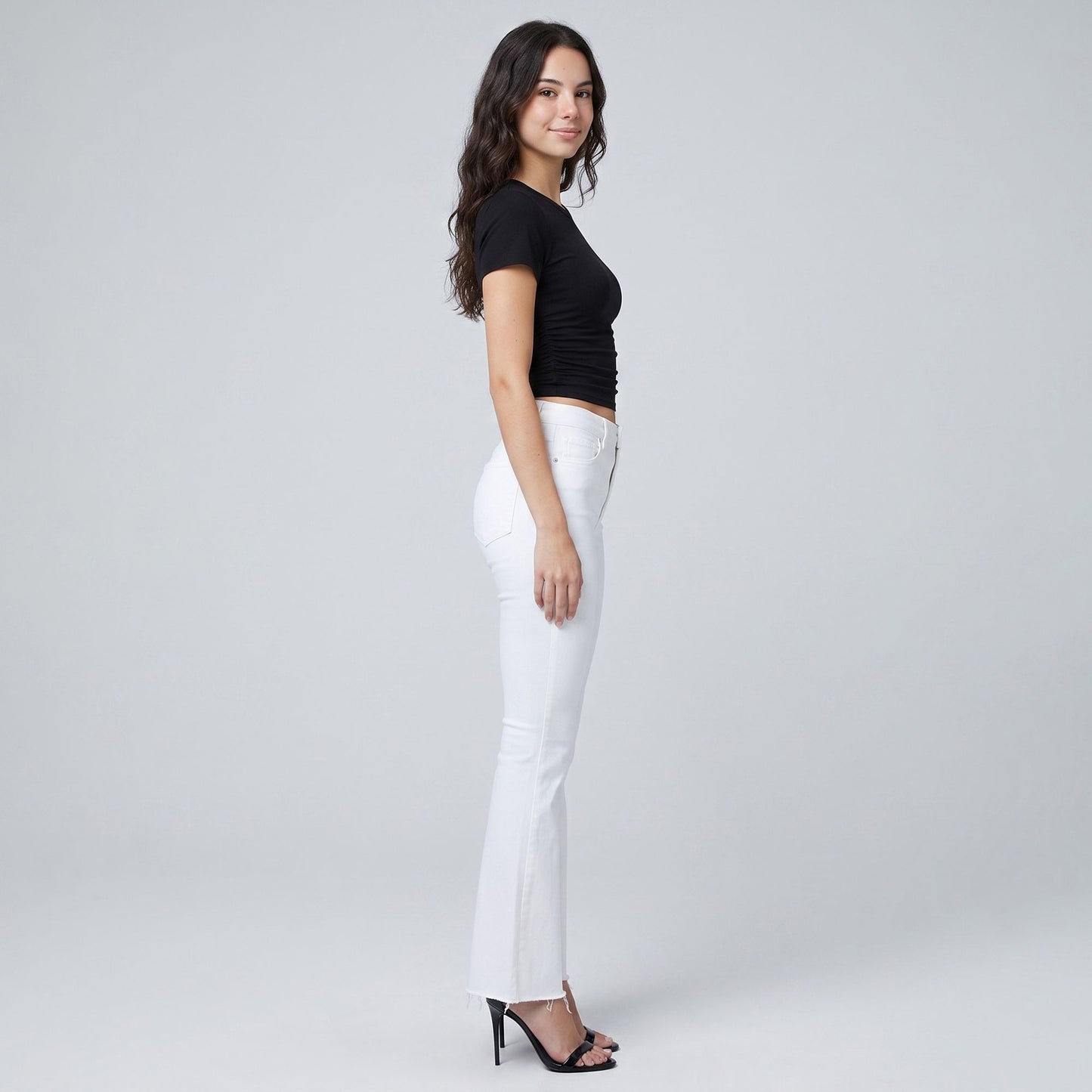 High Rise Flare Pants Button Front Stretch Wide Leg Hem Pants