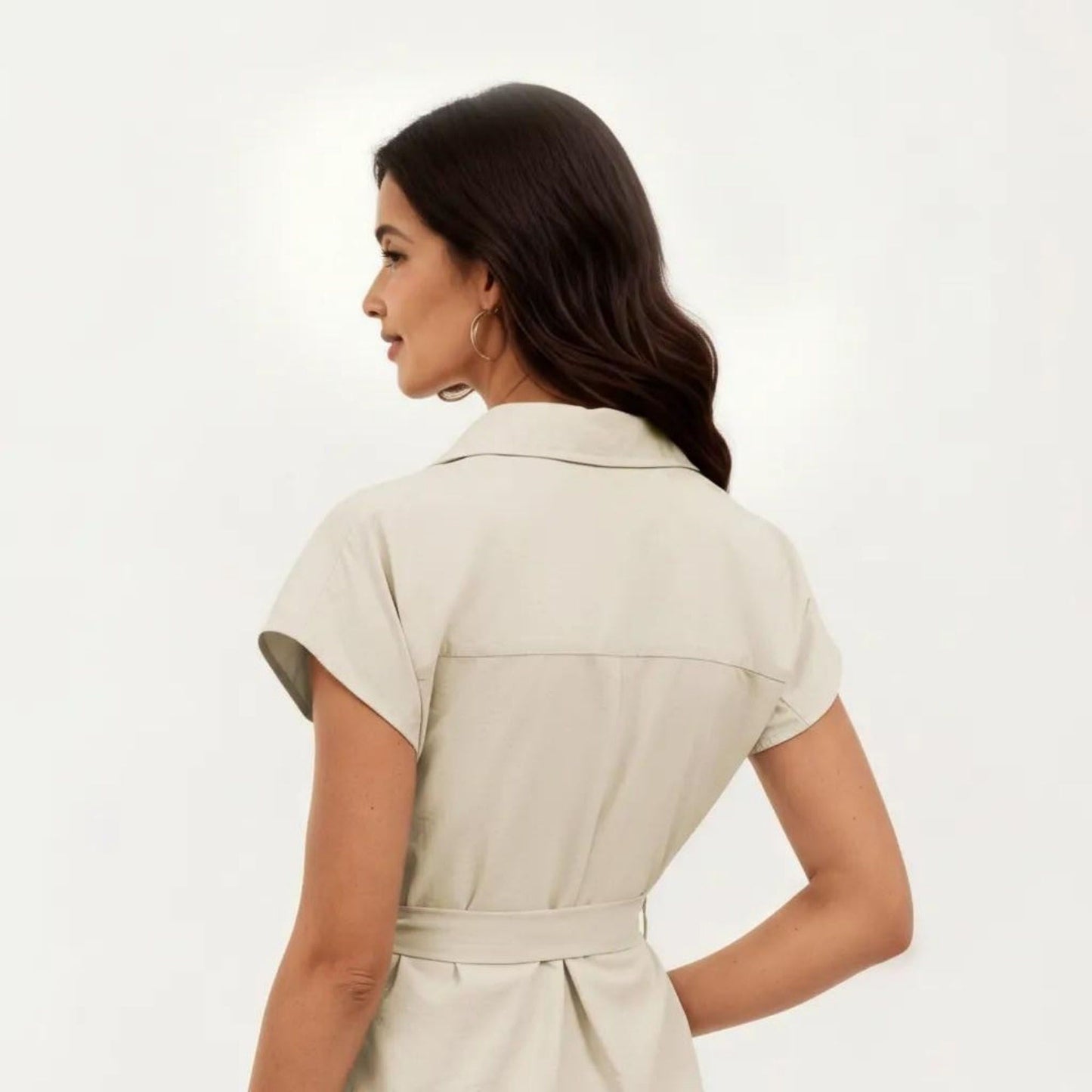 Short Sleeve Button Front Shirt Dress with Collared Neckline and Adjustable Waist Tie