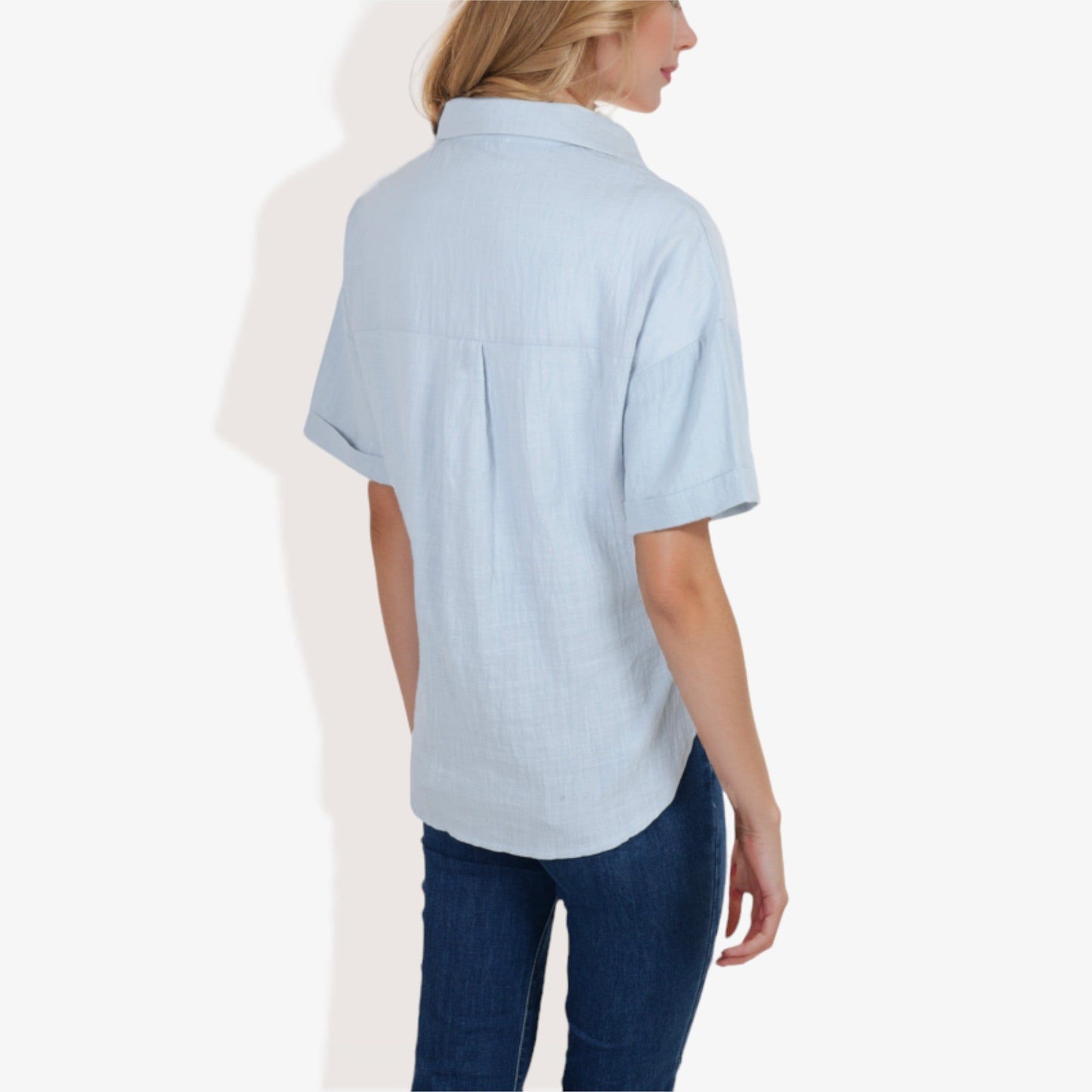 Short Sleeve Button Down Shirt with V-Neckline