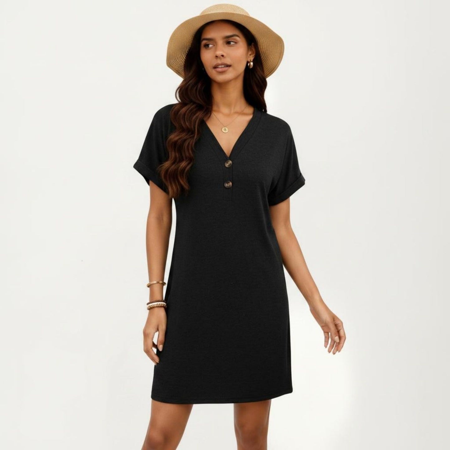 Short Sleeve V Neck Shift Dress with Button Detail Relaxed Fit Casual Tunic Dress