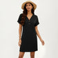 Short Sleeve V Neck Shift Dress with Button Detail Relaxed Fit Casual Tunic Dress