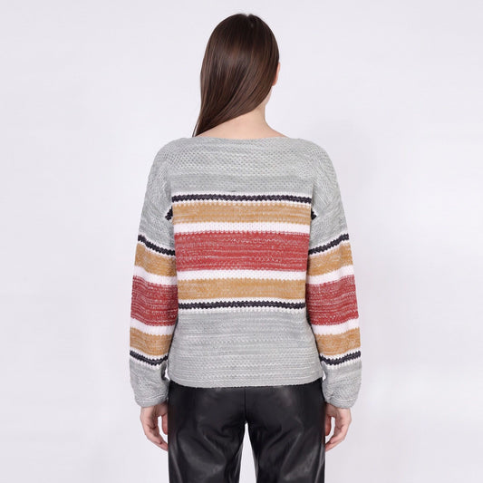 Striped Boat Neck Open Knit Pullover Sweater