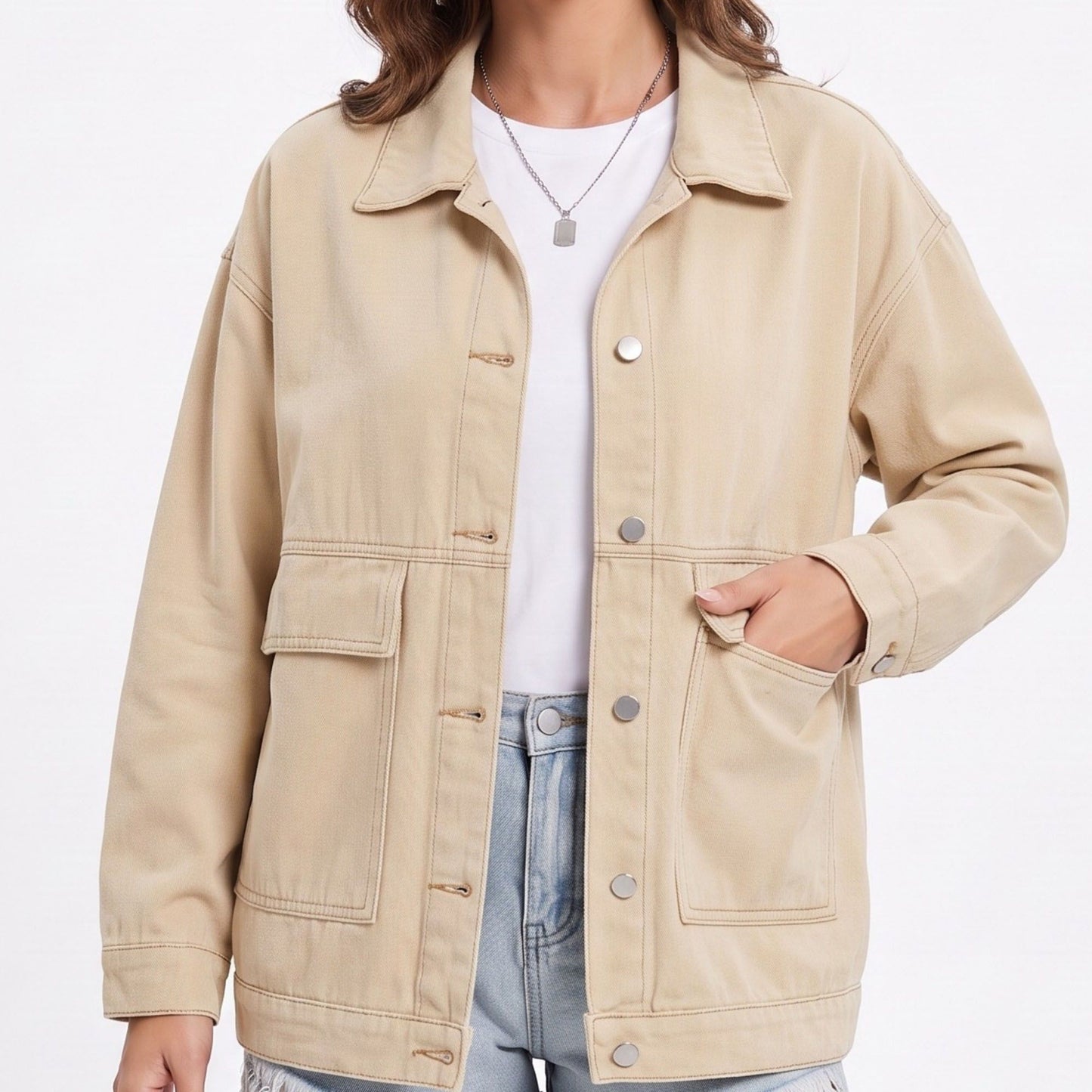 Oversized Denim Jacket Button Front Long Sleeve Jean Jacket With Patch Pockets