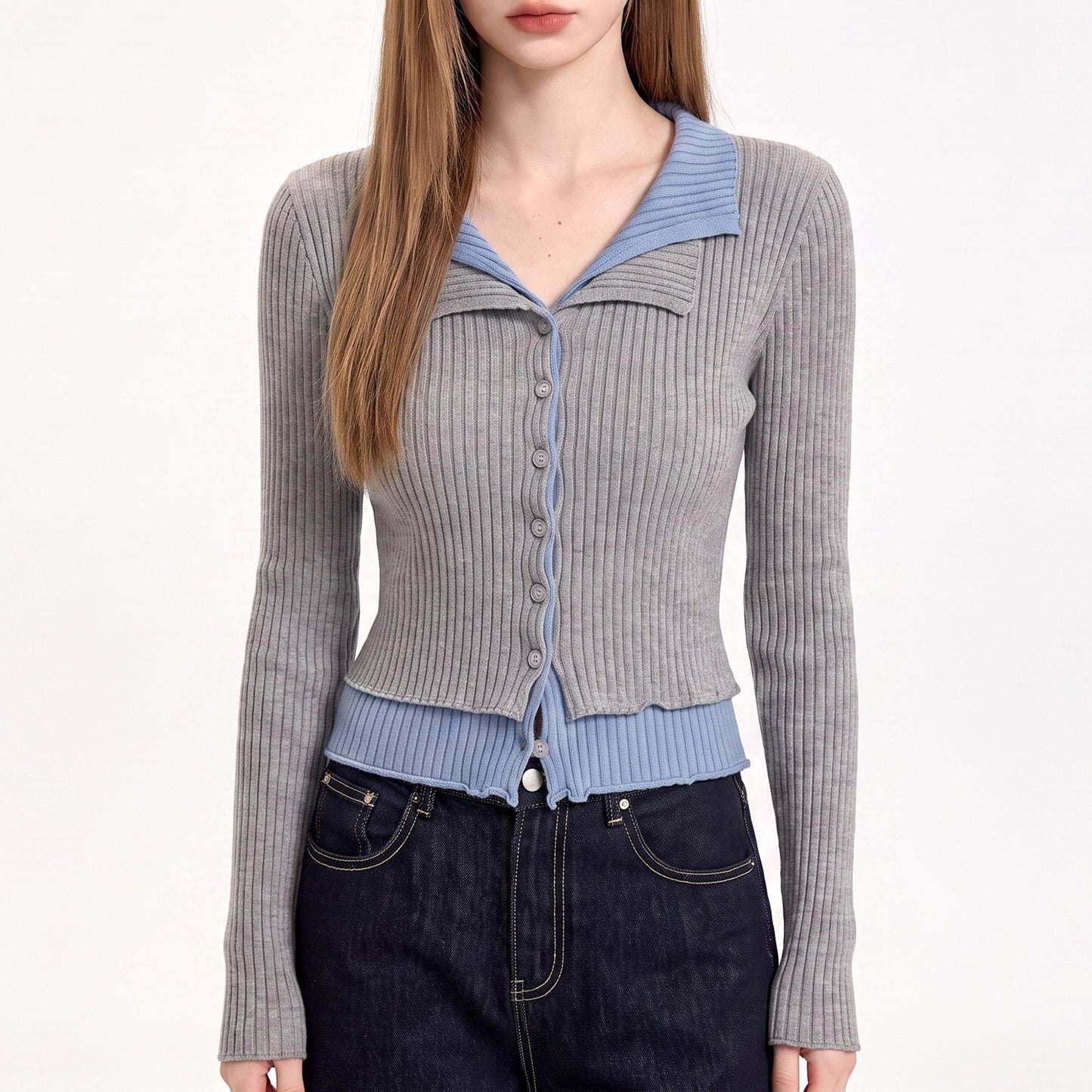 Layered Collar Ribbed Button-Front Cardigan Sweater