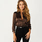 Satin Button Down Blouse with Collared Neckline and Three Quarter Sleeves
