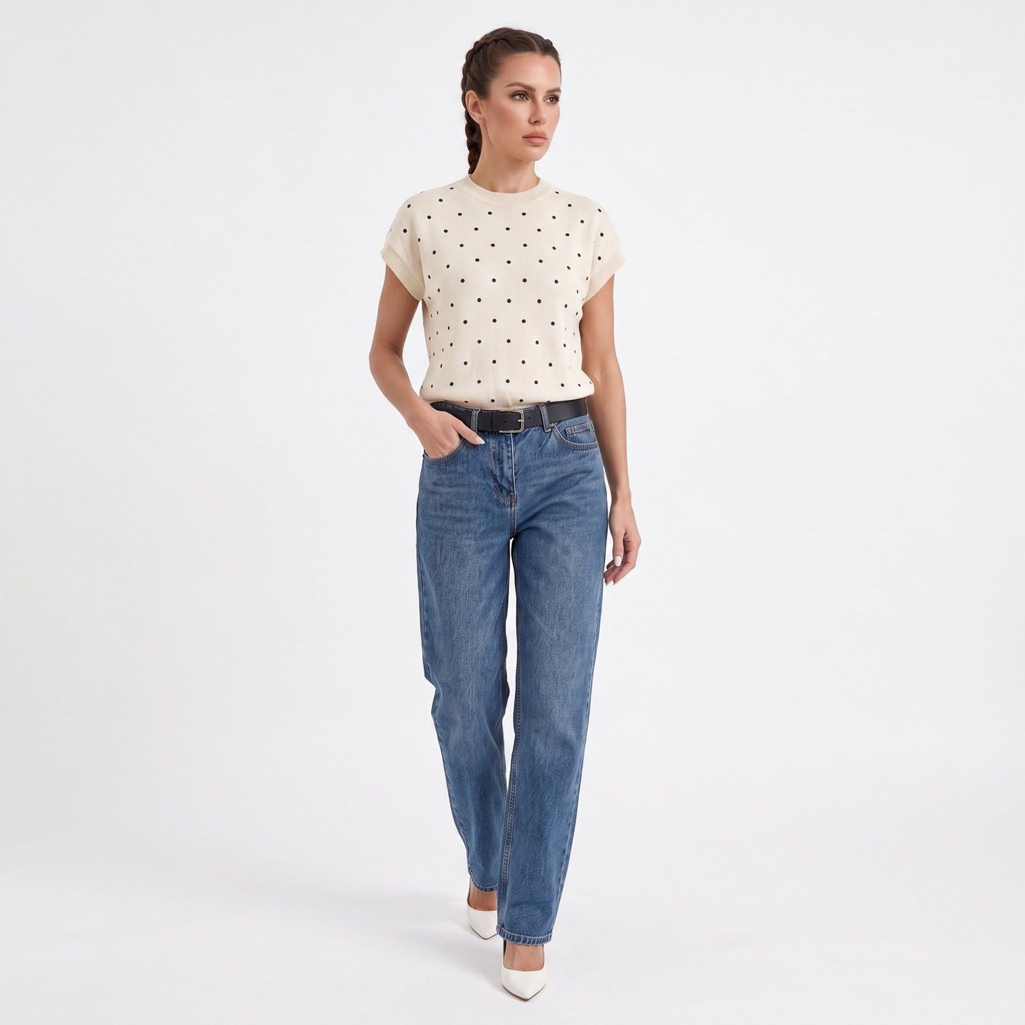 Polka Dot Crewneck Cap Sleeve Knit Sweater Top