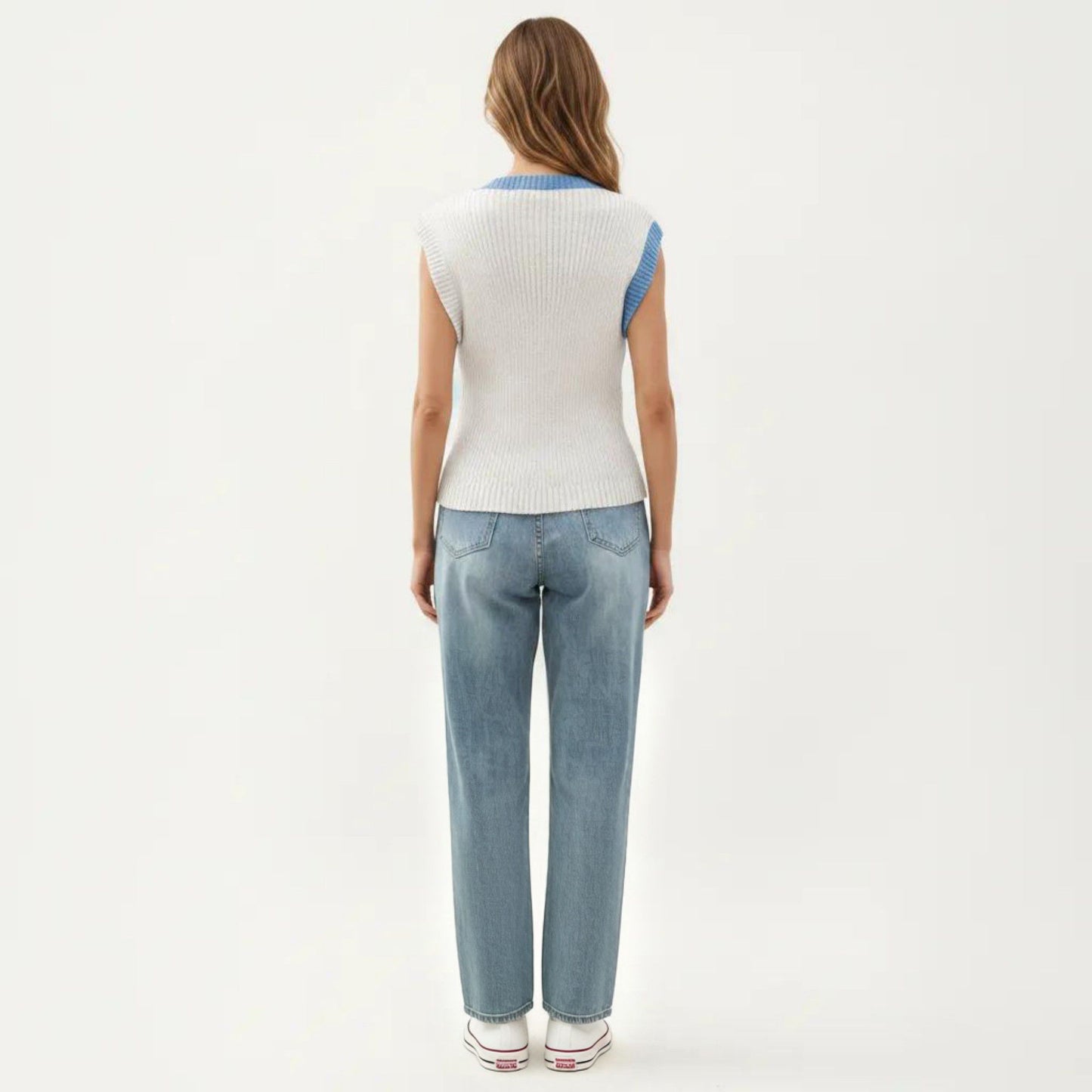 Sleeveless Colorblock Knit Vest with Button Front and Ribbed Trim