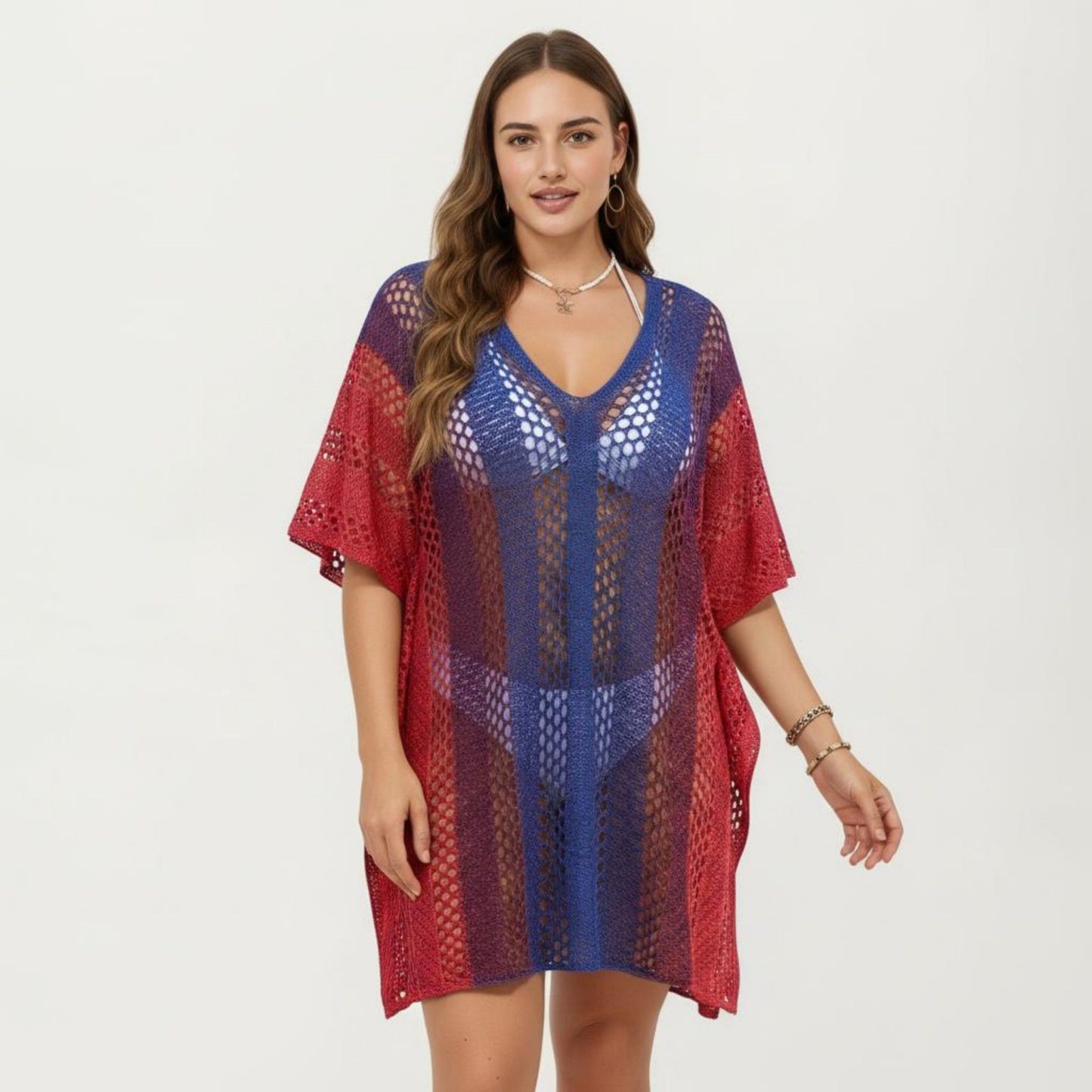 Ombre Crochet Swim Cover Up Dress with Open Knit Mesh Design V Neck Short Sleeves Relaxed Fit
