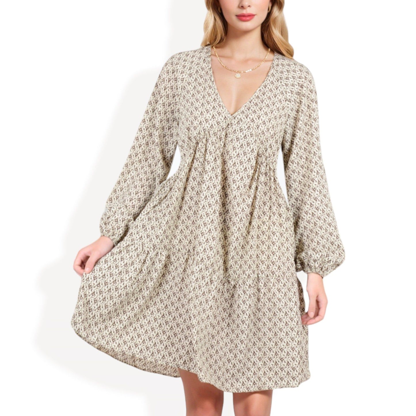 Long Sleeve V-Neck Boho Print Dress with Gathered Waist