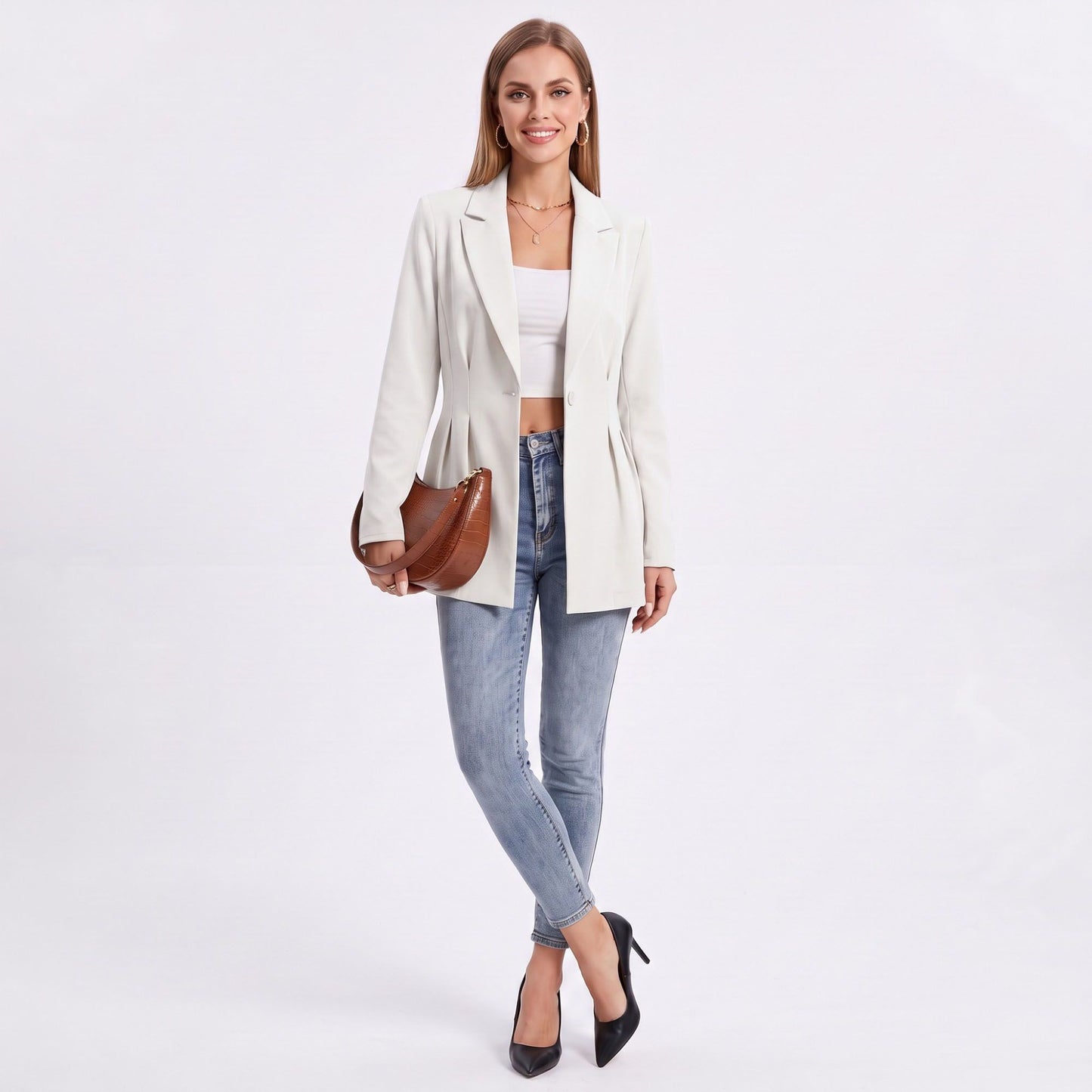 Longline Single Button Blazer with Notched Lapels