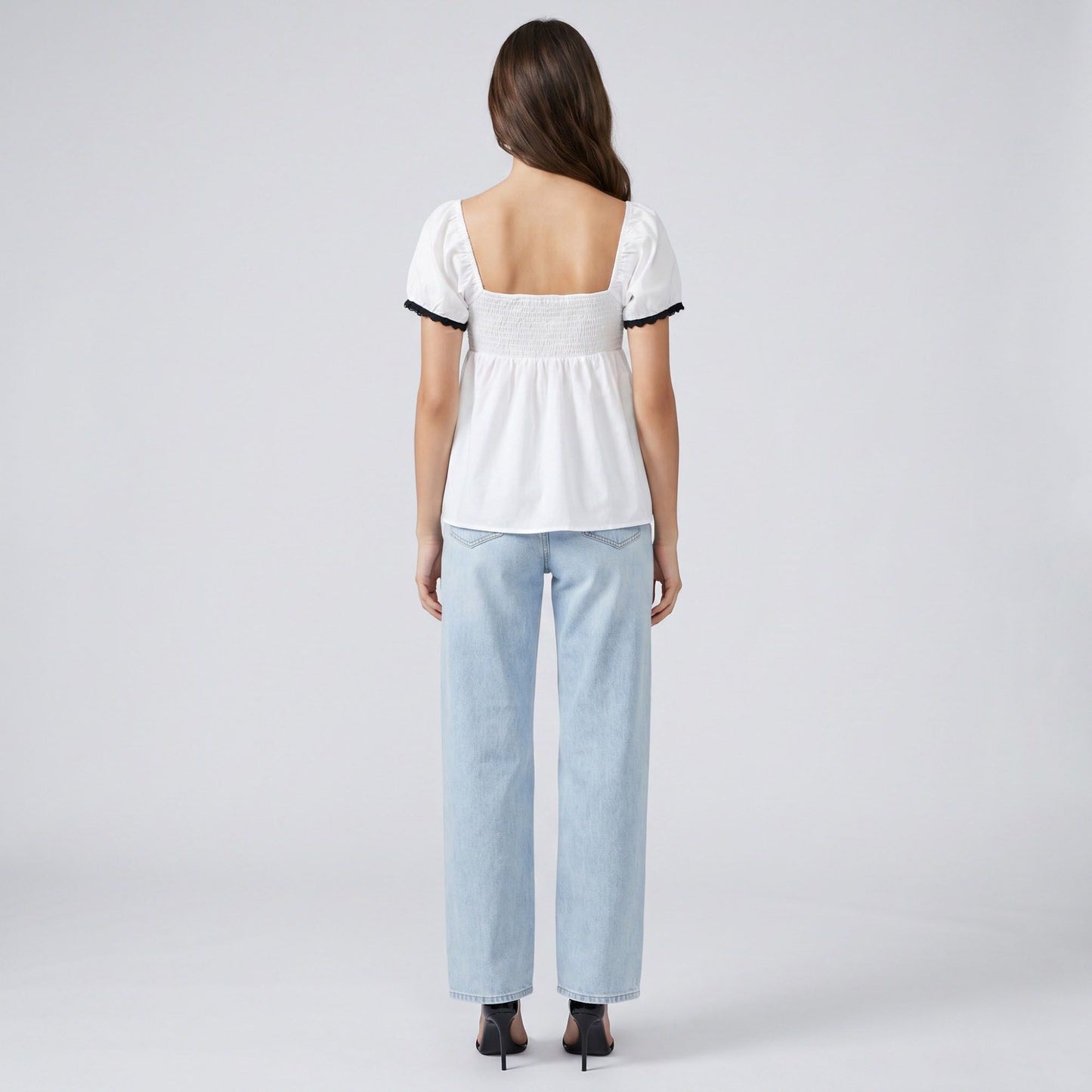 Square Neck Puff Sleeve Blouse Bow Tie Lace Trim Smocked Peplum Top