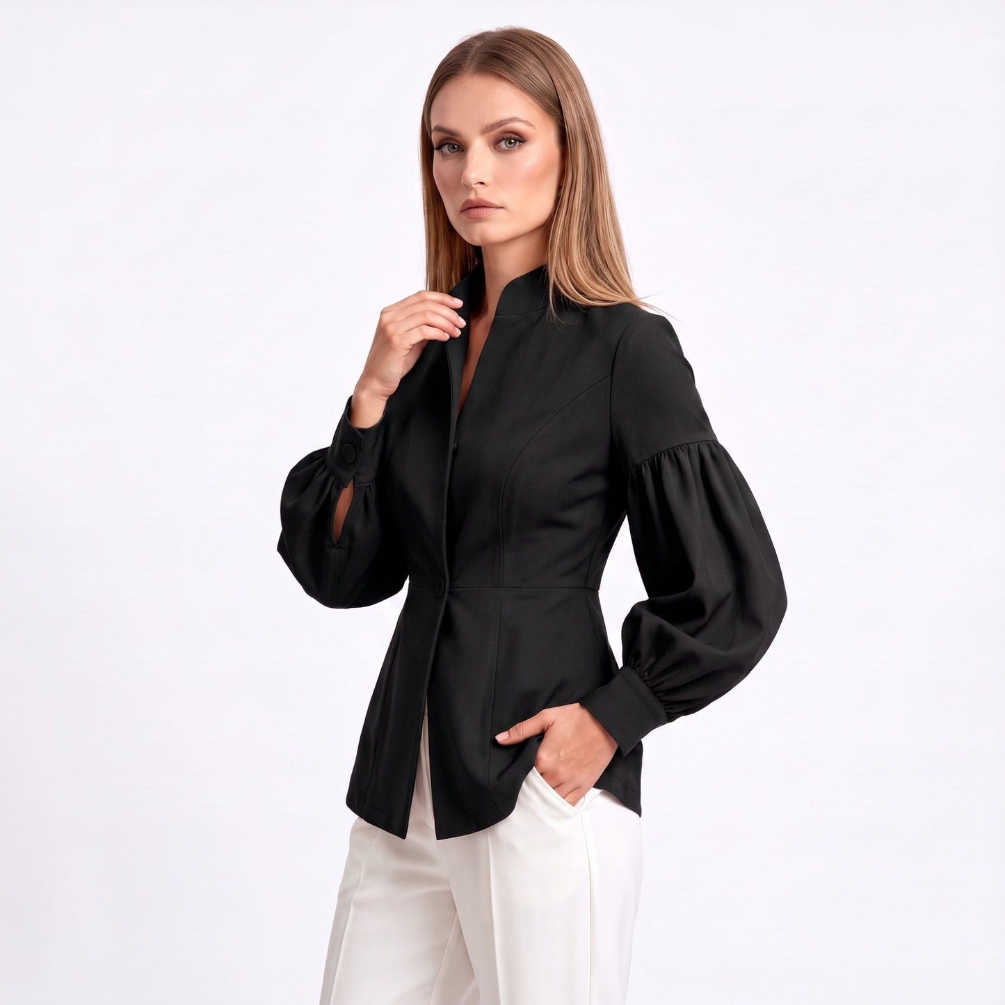 Puff Sleeve Peplum Blazer with Stand Collar and Button Front