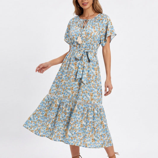 Floral Print Midi Dress with Tie Neck Short Flutter Sleeves Belted Waist and Tiered Hem