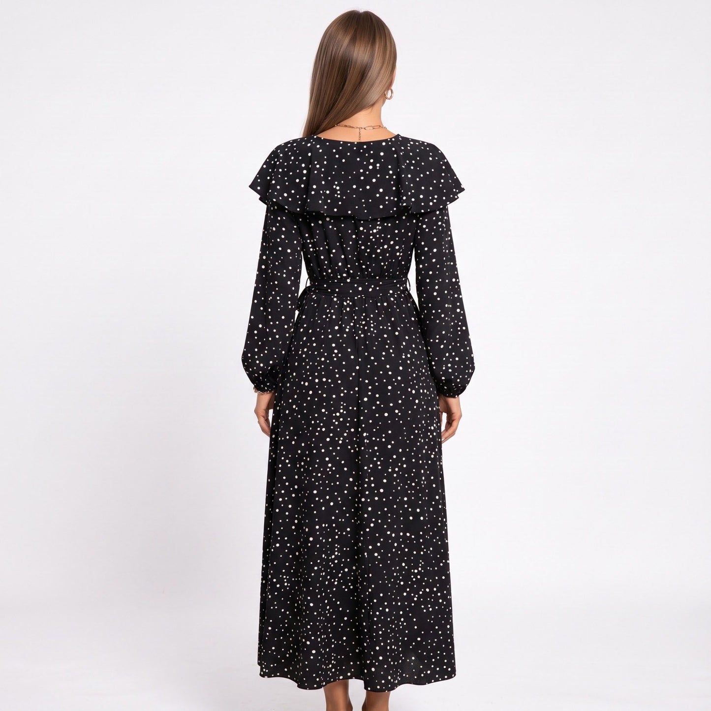 Polka Dot Maxi Dress Ruffle V Neck Long Sleeve Tie Waist Wrap Style Dress