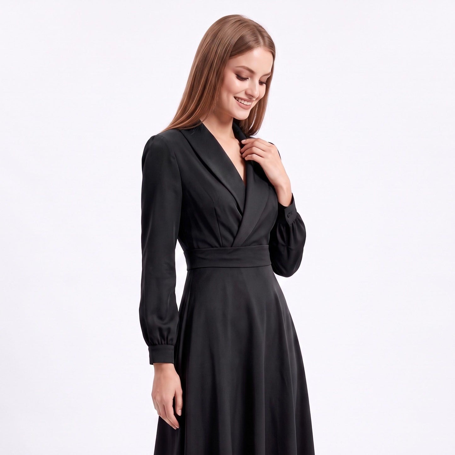 Long Sleeve Notched Collar Midi Dress with Defined Waist and Flared Skirt