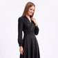 Long Sleeve Notched Collar Midi Dress with Defined Waist and Flared Skirt
