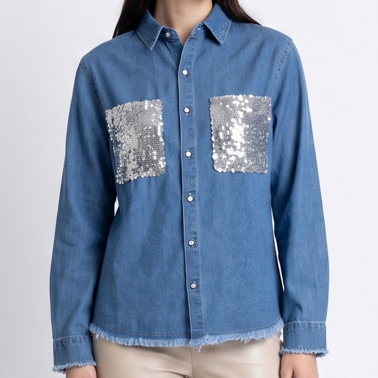 Sequin Denim Shirt Jacket Button Front Long Sleeve Frayed Hem Shacket