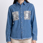 Sequin Denim Shirt Jacket Button Front Long Sleeve Frayed Hem Shacket