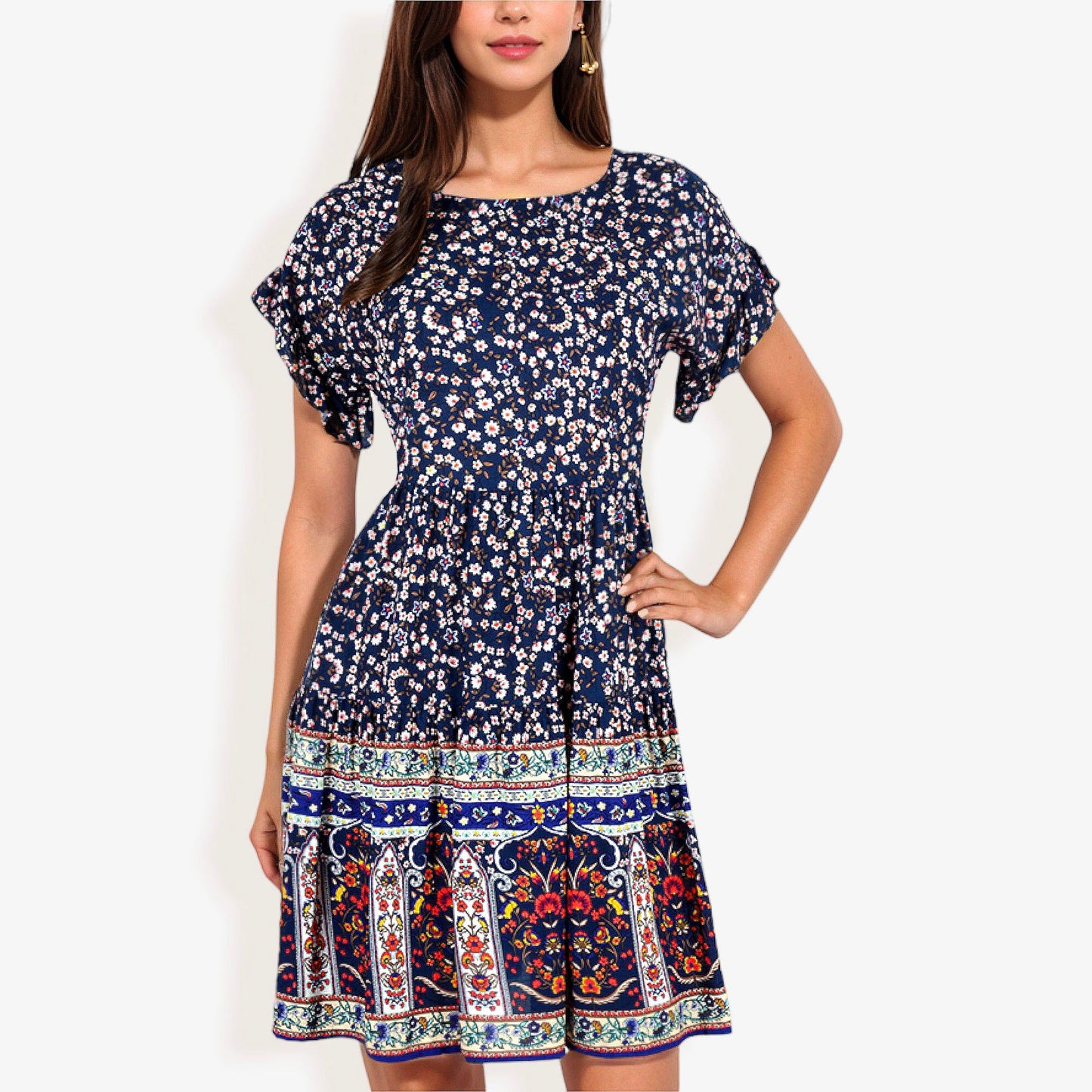 Bohemian Floral Print Short Sleeve Swing Dress Crew Neckline