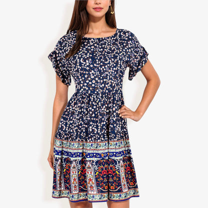 Bohemian Floral Print Short Sleeve Swing Dress Crew Neckline